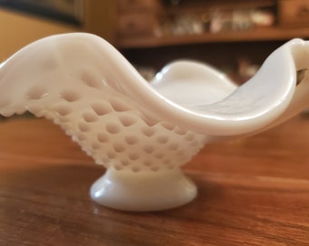 Vintage Fenton Milk Glass Hobnail 2-Handled Candy Dish - 1960