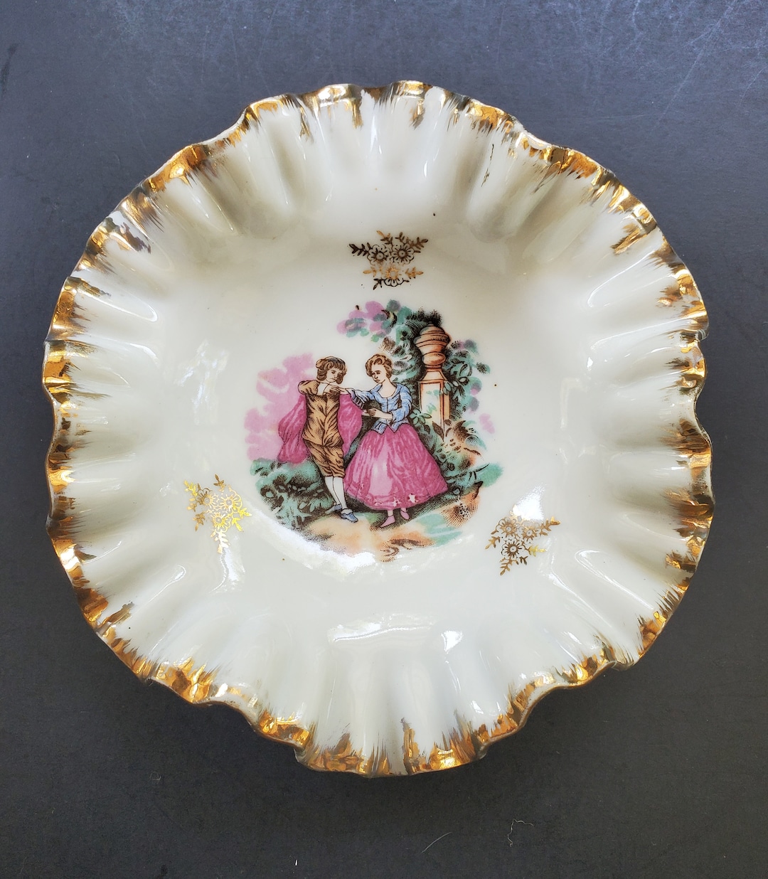 Vintage Fluted Goldtrimmed Porcelain Trinket Dish With Scalloped Edge