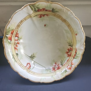 Vintage Hand Painted Nippon Serving Bowl with Floral Pattern. Gold Moriage and Gold Encrusted Trim and Border