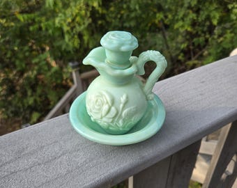 Avon Turquoise Swirl Jadeite Miniature Pitcher with Wash Basin - Victorian Rose Design - 1976