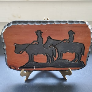 Vintage Carved Wooden Plaque with Old West Scene