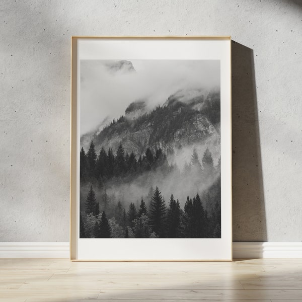 Vancouver Fog B&W Print | British Columbia, Canada | Minimalist Landscape Wall Art | Pacific Northwest Mountains | Black and White Forest