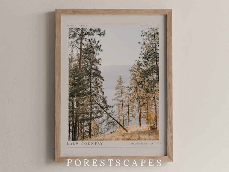 Op de afbeelding: Een ingelijste print van een boslandschap met hoge dennenbomen en uitzicht op een meer in de verte. De print heeft de tekst "LAKE COUNTRY" en "OKANAGAN VALLEY" onderaan. De print is getiteld "FORESTSCAPES".
