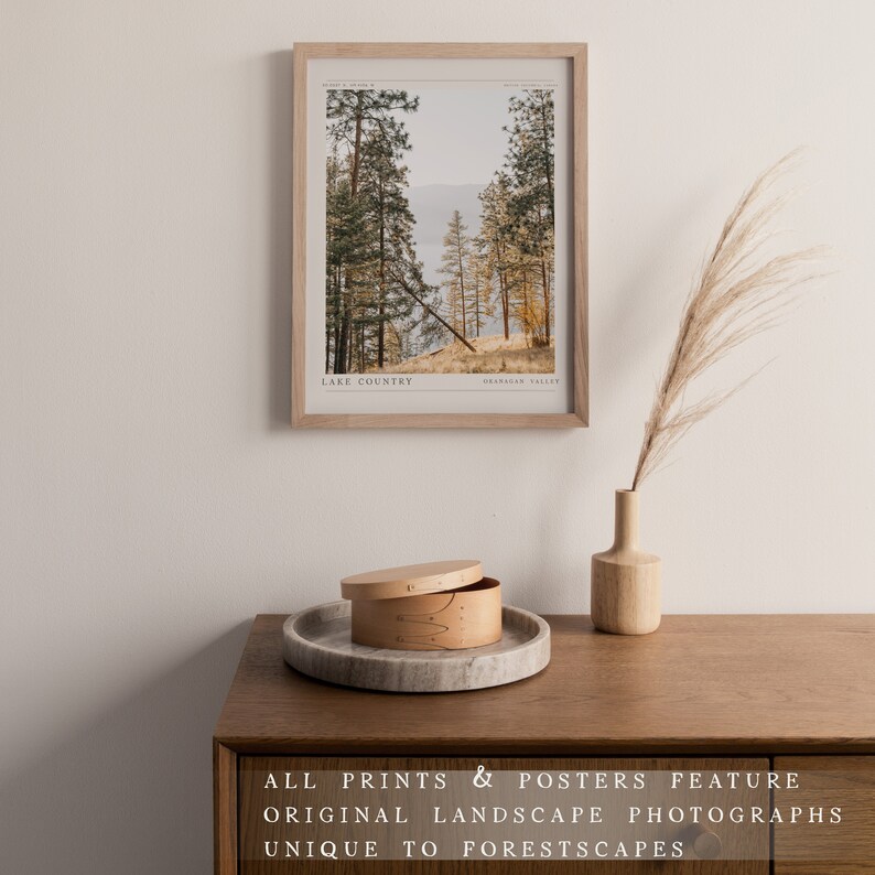 Op de afbeelding: Een ingelijste print van een landschapsfoto met uitzicht op een meer en bomen. De print is in een licht houten lijst en heeft de tekst "Lake Country" en "Okanagan Valley" onderaan gedrukt. De print hangt aan een witte muur.