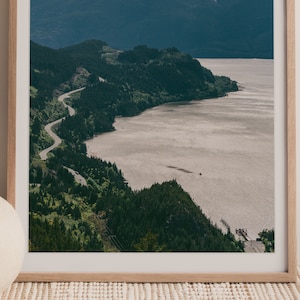 May include: An aerial view of a winding road through a lush green forest, leading to a calm body of water. The water is a light blue-grey color and reflects the sunlight. The forest is dense and green, with a few trees standing out against the blue sky.