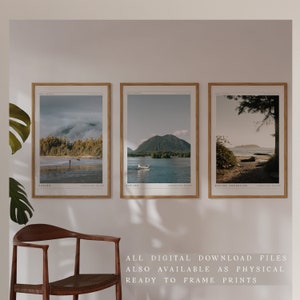 May include: Three framed prints of scenic landscapes from Tofino, Vancouver Island. The prints feature a misty forest, a mountain range with a seaplane, and a shoreline with a tree.