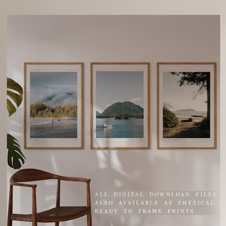 May include: Three framed prints of scenic landscapes from Tofino, Vancouver Island. The prints feature a misty forest, a mountain range with a seaplane, and a shoreline with a tree.
