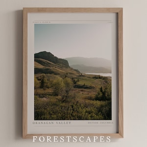 Puede incluir: Una impresi&oacute;n enmarcada de una fotograf&iacute;a de paisaje que muestra una vista de un valle con colinas onduladas, hierba verde y una masa de agua en la distancia. La impresi&oacute;n tiene el texto "OKANAGAN VALLEY BRITISH COLUMBIA" y "FORESTSCAPES" en la parte inferior.