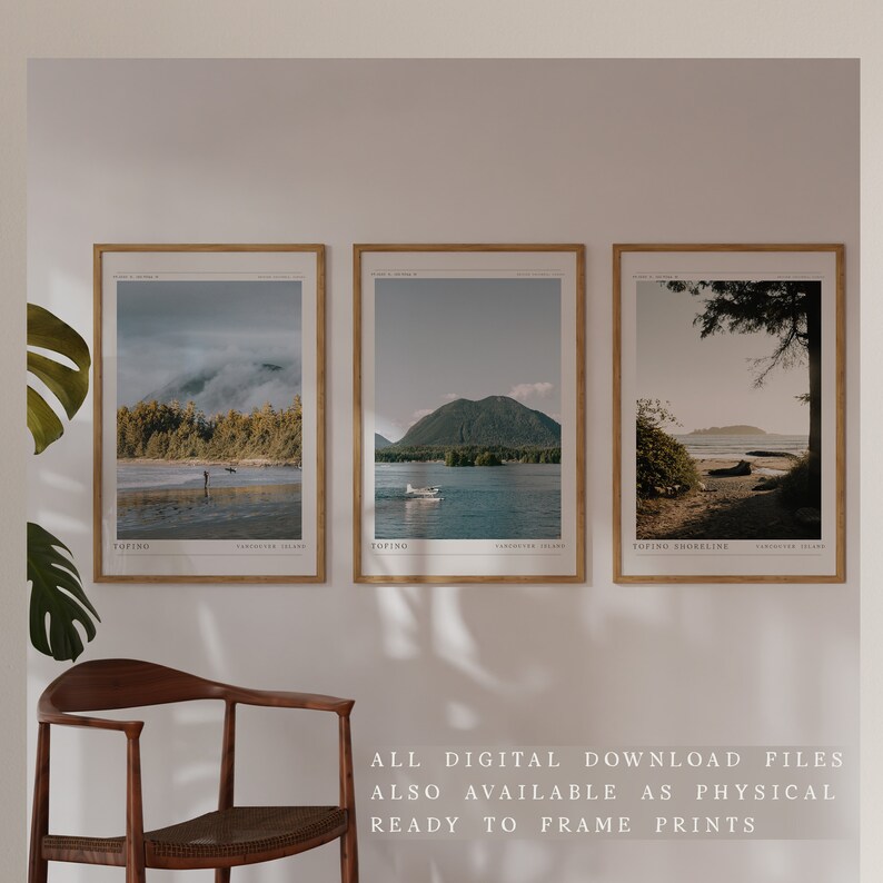 May include: Three framed prints of scenic landscapes from Tofino, Vancouver Island. The prints feature a misty forest, a mountain range with a seaplane, and a shoreline with a tree.