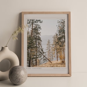 Op de afbeelding: Een ingelijste foto van een boslandschap met hoge dennenbomen en een meer in de verte. De tekst "LAKE COUNTRY" en "OKANAGAN VALLEY" staat onderaan de afbeelding.