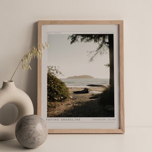 May include: A framed photograph of a beach scene with a path leading to the water. The photo is titled "Tofino Shoreline, Vancouver Island".