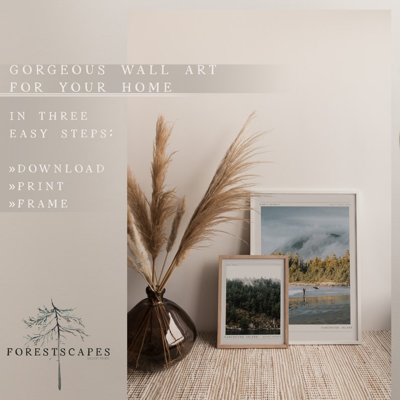 May include: Two framed prints of Vancouver Island landscapes, one with a mountain and clouds, the other with a forest, are displayed on a woven rug. A vase with dried pampas grass sits in front of the prints.