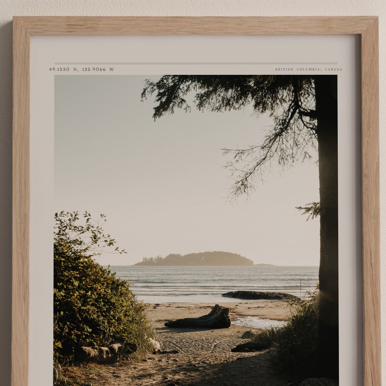May include: A framed photograph of a beach scene with a tree in the foreground and a small island in the distance. The photo is taken from a low angle, looking up at the tree. The sky is a light blue, and the water is a light blue-green. The sand is a light brown. The photo is framed in a light brown frame. The text "49.1530 N, 125.9066 W" and "BRITISH COLUMBIA, CANADA" is printed in the top left and right corners of the photo.