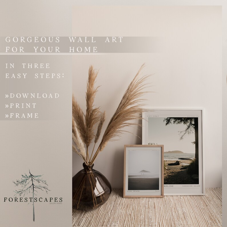 May include: Three framed prints of coastal landscapes with a vase of dried pampas grass in front. The prints are in white and wood frames. The text on the prints reads "Long Beach" and "RELINE Vancouver Island".