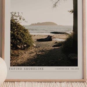May include: A framed photograph of a beach scene with a driftwood log in the foreground, a small island in the distance, and the text "TOFINO SHORELINE VANCOUVER ISLAND" at the bottom.