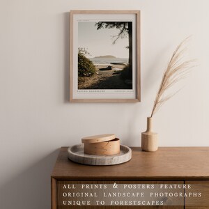 May include: A framed photograph of a beach scene with a wooden frame. The photo shows a sandy beach with a body of water in the background. The text "TOFINO SHORELINE" and "VANCOUVER ISLAND" is printed at the bottom of the photo.