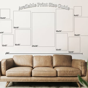 May include: A guide to available print sizes for artwork, with a couch in the foreground. The sizes are listed in inches, such as 10x10, 14x14, 18x18, 12x12, 16x16, 24x36, 12x18, 8x10, 16x20, and 12x16.