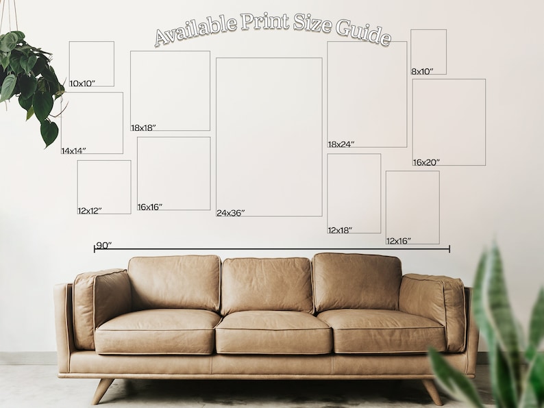 May include: A guide to available print sizes for artwork, with a couch in the foreground. The sizes are listed in inches, such as 10x10, 14x14, 18x18, 12x12, 16x16, 24x36, 12x18, 8x10, 16x20, and 12x16.