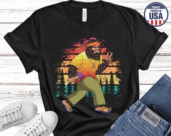 Funny Bigfoot Hippie Walking Retro T Shirt Unisex Vintage Type Short Sleeve Tee Man Or Woman