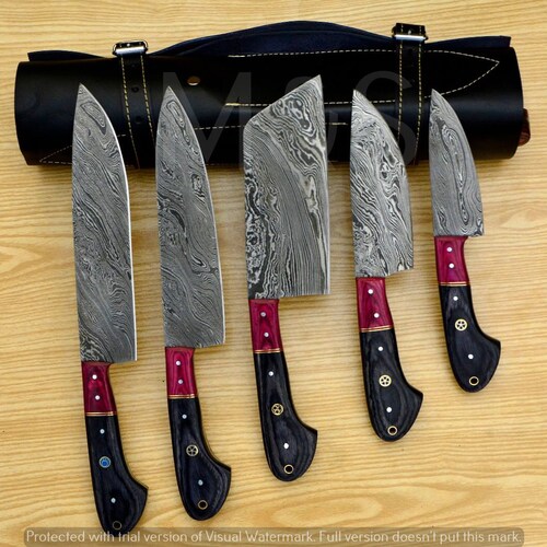 Hand Made Damascus Steel Chef Knife Set, Kitchen Knife Set, Set of 5 Pieces, Christmas gift, order Japanese kitchen Chef knife Set with Sheath