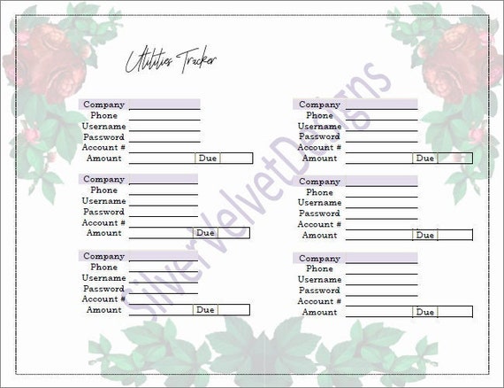Utility Tracker Printable PDF Work Sheet Bills Log Home | Etsy UK