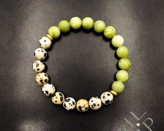 Dalmatian & Green Jasper Bracelet, Gemstone Healing Bracelet, Unisex Stretch Round Semi-Precious Stones