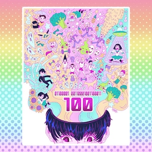 Puede incluir: Ilustración colorida de estilo anime que representa la cabeza de una persona con una explosión de imágenes similar a un cerebro. La imagen incluye el número "100" en rosa, código binario, brócoli y varios personajes de dibujos animados. El fondo tiene un degradado arcoíris.
