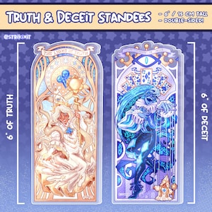 May include: Double-sided standees with Truth and Deceit themes. The standees are 15 cm tall and feature detailed illustrations in gold, white, and blue. The text "Truth & Deceit Standees" and "The Light of Truth" are visible.