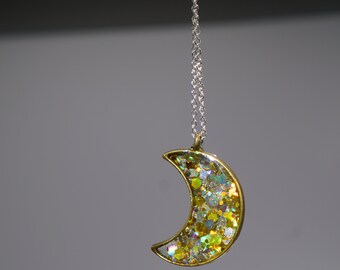 Resin Necklace Pendent - Gold - Glittery Silver And Gold Moon Design, Holiday Gift