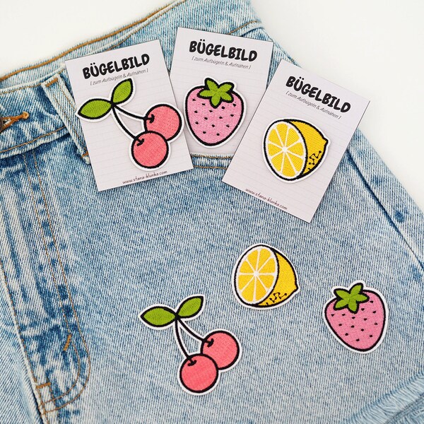 Iron-on transfer - FRUITS / 3 pieces (strawberry, lemon, cherry); DIY, iron-on & sew-on patch, applique, sewing, upcycling