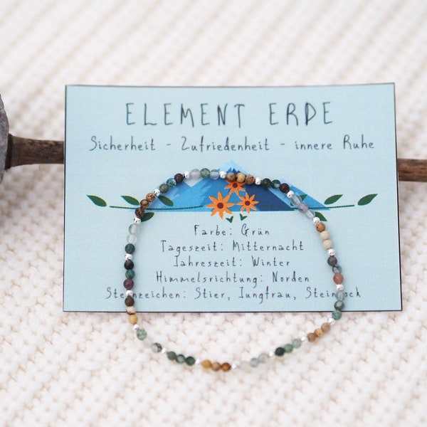 ELEMENT ERDE - elastisches Armband mit kleinen Edelstein Perlen (Indian Agate, Moss Agate, Jasper), Sternzeichen: Stier, Jungfrau, Steinbock