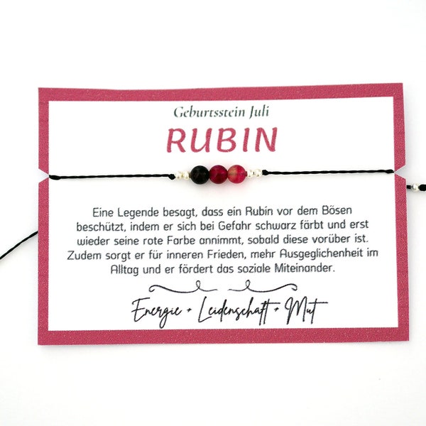 Geburtsstein Armband - JULI RUBIN - runde Edelsteine mit Zwischenperlen und Makramee Verschluss, inkl. Schmuckkarte; filigran, vegan