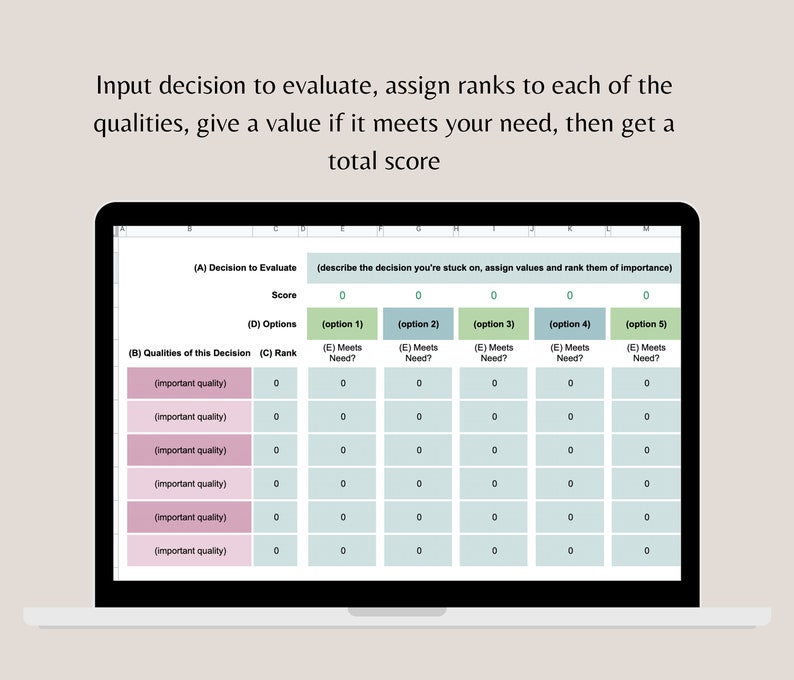 May include: A spreadsheet with a decision-making framework. The spreadsheet has columns for decision options, qualities of the decision, and a rank for each quality. The spreadsheet is used to evaluate different options and make a decision.