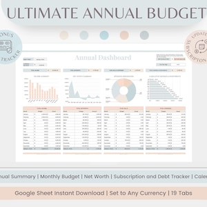 Annual Budget Spreadsheet, Google Sheets Budget Template, Monthly Budget Planner, Net Worth, Yearly Budget, Paycheck Budget,Finance Planner
