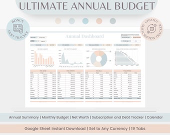 Annual Budget Spreadsheet, Google Sheets Budget Template, Monthly Budget Planner, Net Worth, Yearly Budget, Paycheck Budget,Finance Planner