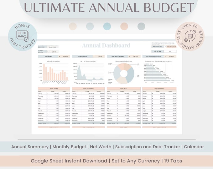Annual Budget Spreadsheet | Google Sheets Budget Template, Monthly ...
