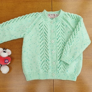 18-24 Months Mint Green Sparkle Hand Knitted Baby Cardigan, pastel green with dark flecks and twinkle baby girl's cardigan, winter cardigan image 1