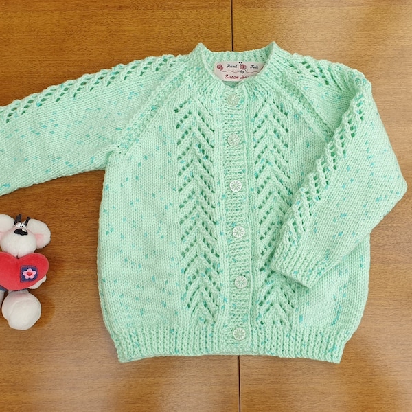 18-24 Months Mint Green Sparkle Hand Knitted Baby Cardigan, pastel green with dark flecks and twinkle baby girl's cardigan, winter cardigan