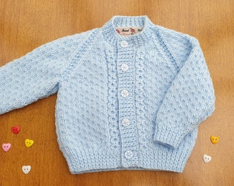 3-6 Months Blue Hand Knitted Baby Cardigan, Light Blue Handknitted baby cardigan, blue baby boys cardigan
