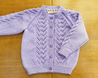 18-24 Months Lavender Hand Knitted Baby Cardigan, warm rich lilac colour baby cardigan