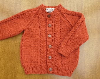 12-18 Months Fox Red Hand Knitted Baby Cardigan, warm red/brown boys cardigan