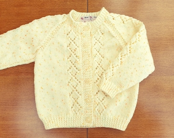 18-24 Months Lemon Yellow Sparkle Print Hand Knitted Baby Cardigan, soft lemon twinkle with multicolour pastel flecks, baby girls cardigan