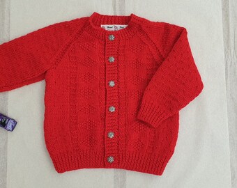 18-24 Months Red Hand Knitted Baby Cardigan, Ladybird Red Handknitted cardigan, ladybug red baby boy cardigan, baby winter clothes