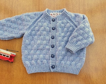 6-12 Months Denim Blue Hand Knitted Baby Cardigan, Medium Blue Handknitted baby boy's cardigan