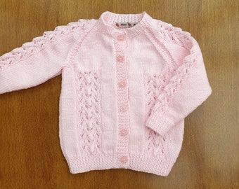 12-18 Months Pink Hand Knitted Baby Cardigan, Pink with Lace Pattern Handknitted cardigan, baby winter clothes
