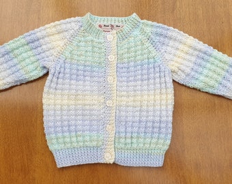 12-18 Months Multicoloured Hand Knitted Baby Cardigan, soft handknitted baby cardigan, pastel baby boys cardigan, pastel baby girls cardigan