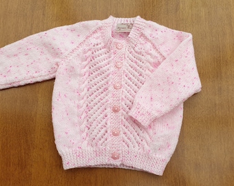 12-18 Months Pink Hand Knitted Baby Cardigan, Pink speckled baby girls cardigan