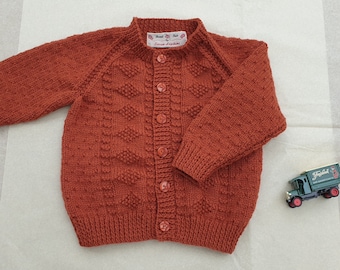 12-18 Months Russet Brown Hand Knitted Baby Cardigan, Brown Handknitted cardigan, baby winter clothes