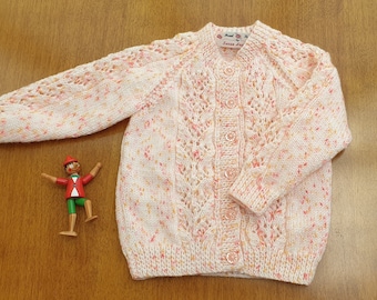 12-18 Months Peach/Cream Hand Knitted Baby Cardigan, girls warm pink-cream colour with coloured speckles