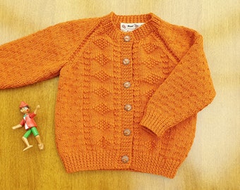 12-18 Months Burnt Orange Hand Knitted Baby Cardigan, Orange Handknitted baby cardigan